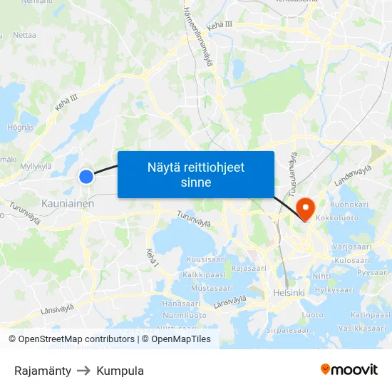 Rajamänty to Kumpula map