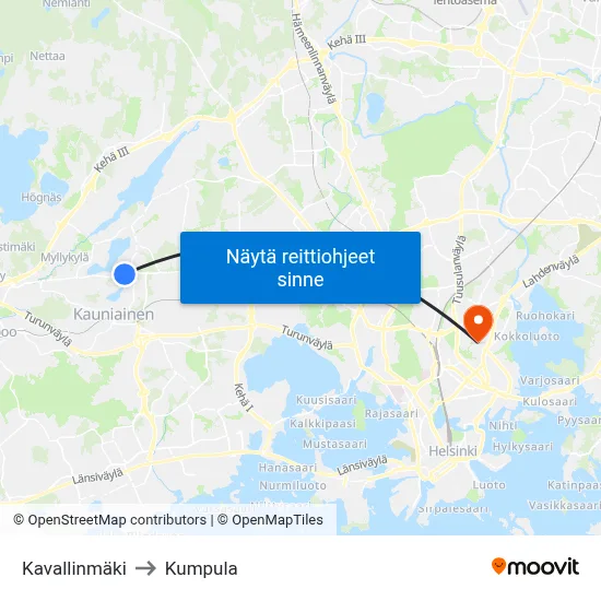 Kavallinmäki to Kumpula map