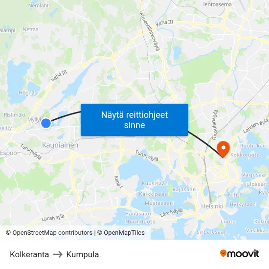 Kolkeranta to Kumpula map