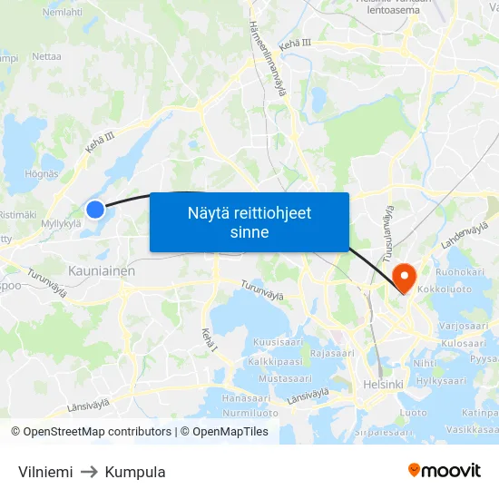 Vilniemi to Kumpula map