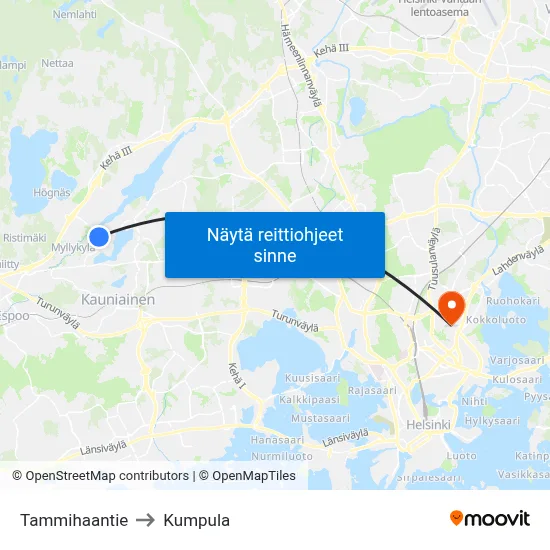 Tammihaantie to Kumpula map