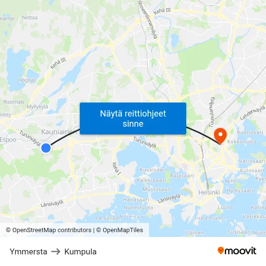 Ymmersta to Kumpula map