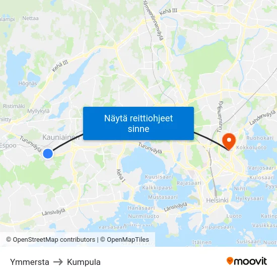 Ymmersta to Kumpula map