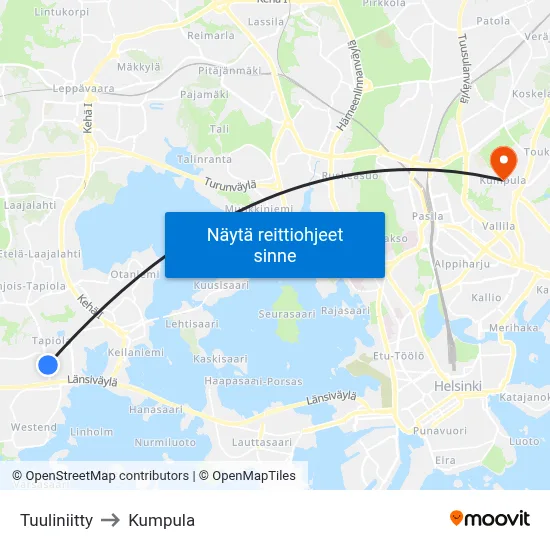 Tuuliniitty to Kumpula map