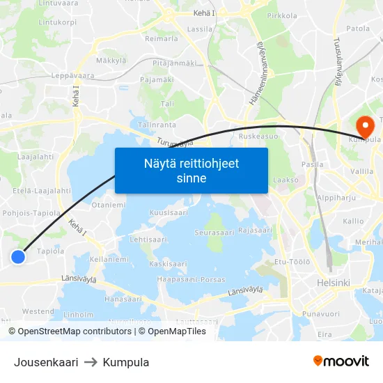 Jousenkaari to Kumpula map