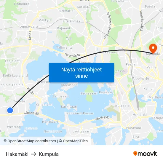 Hakamäki to Kumpula map