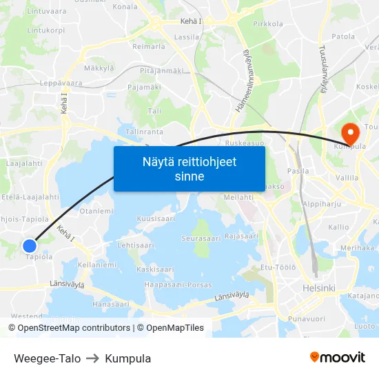 Weegee-Talo to Kumpula map