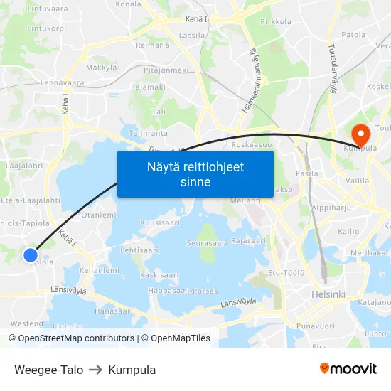 Weegee-Talo to Kumpula map