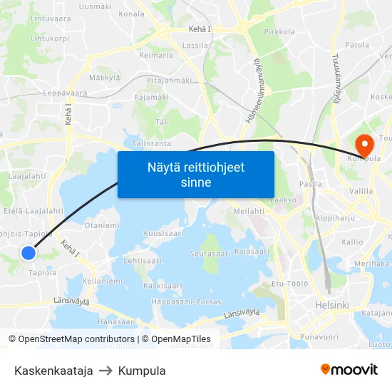 Kaskenkaataja to Kumpula map