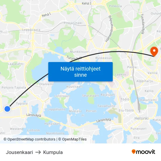 Jousenkaari to Kumpula map