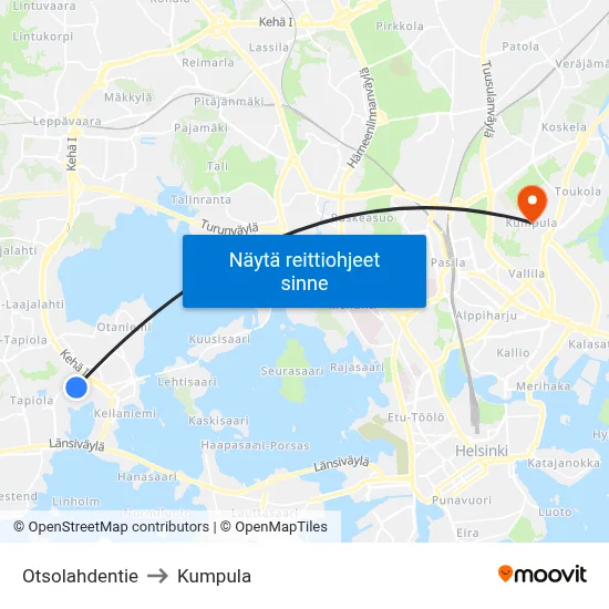 Otsolahdentie to Kumpula map
