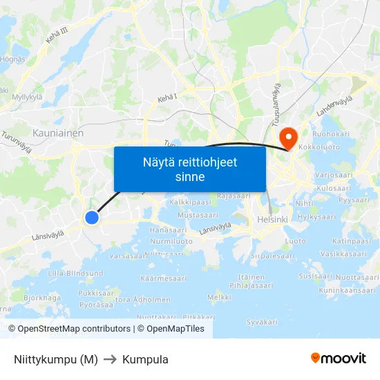 Niittykumpu (M) to Kumpula map