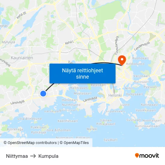 Niittymaa to Kumpula map