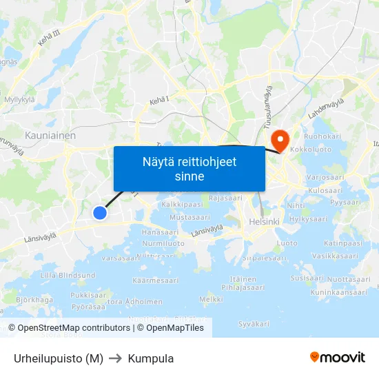 Urheilupuisto (M) to Kumpula map