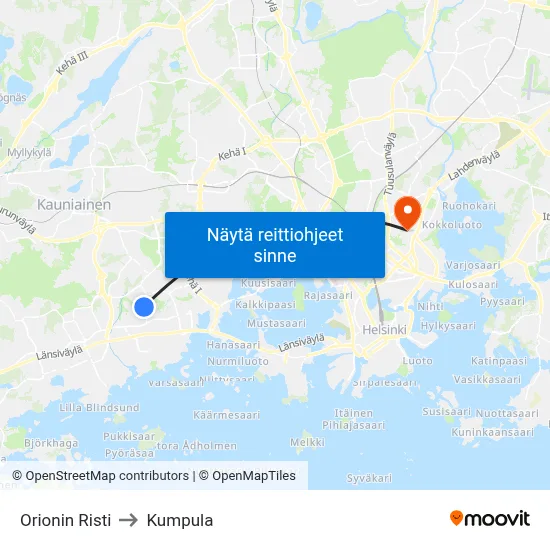 Orionin Risti to Kumpula map