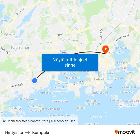 Niittysilta to Kumpula map