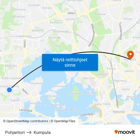 Pohjantori to Kumpula map