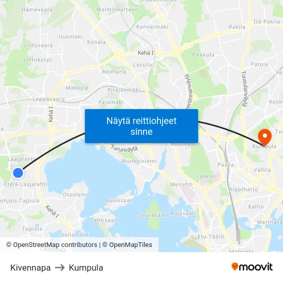 Kivennapa to Kumpula map