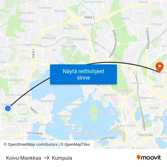 Koivu-Mankkaa to Kumpula map
