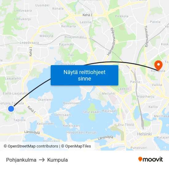 Pohjankulma to Kumpula map