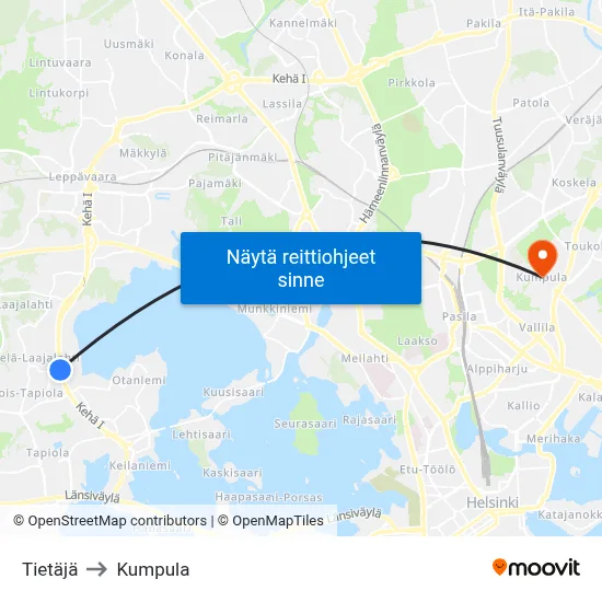 Tietäjä to Kumpula map