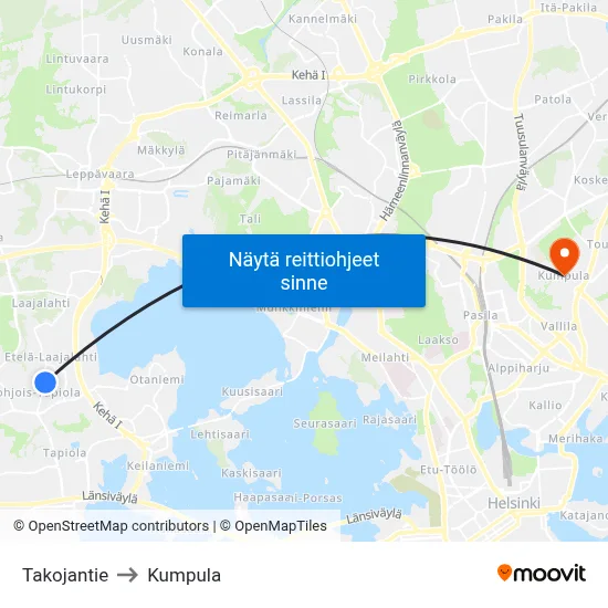 Takojantie to Kumpula map