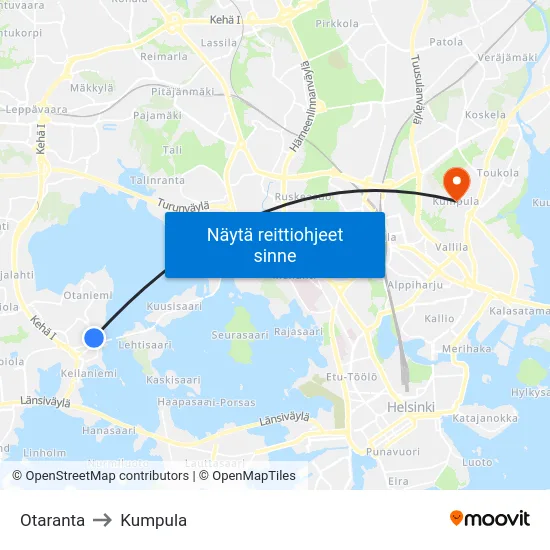 Otaranta to Kumpula map