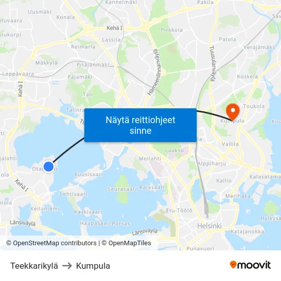Teekkarikylä to Kumpula map