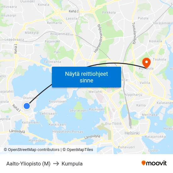 Aalto-Yliopisto (M) to Kumpula map