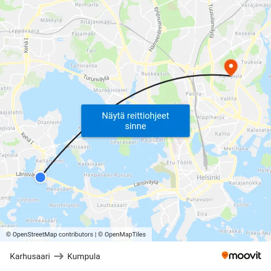 Karhusaari to Kumpula map