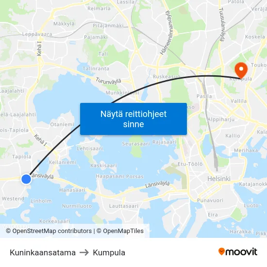 Kuninkaansatama to Kumpula map