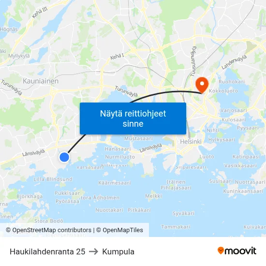 Haukilahdenranta 25 to Kumpula map