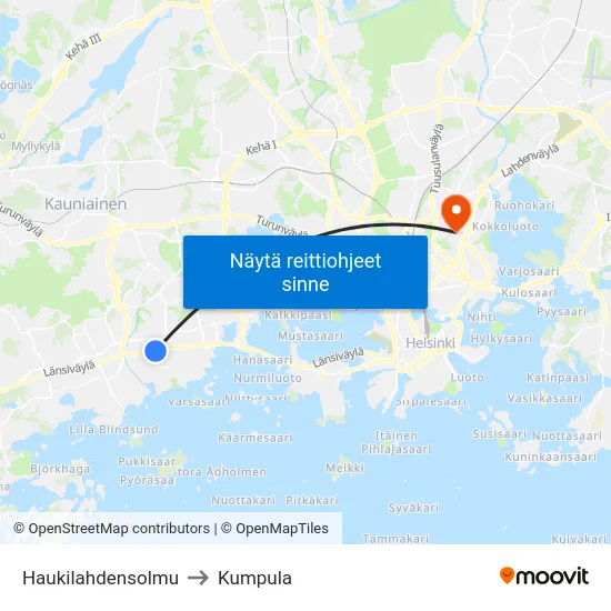 Haukilahdensolmu to Kumpula map