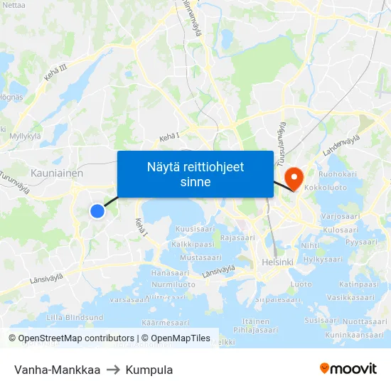 Vanha-Mankkaa to Kumpula map