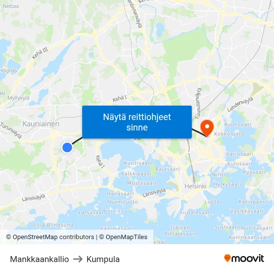Mankkaankallio to Kumpula map