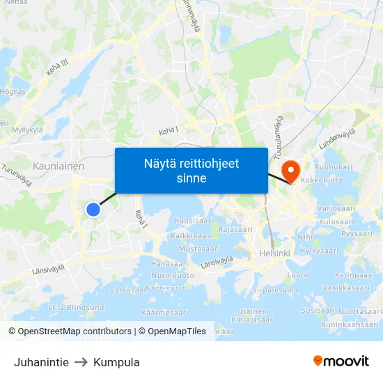 Juhanintie to Kumpula map
