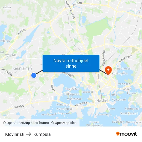Klovinristi to Kumpula map