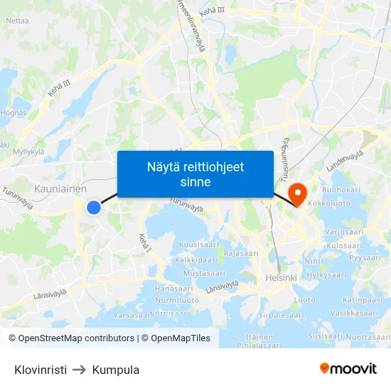 Klovinristi to Kumpula map