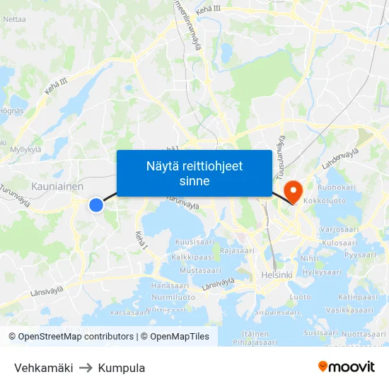Vehkamäki to Kumpula map