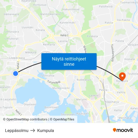 Leppäsolmu to Kumpula map