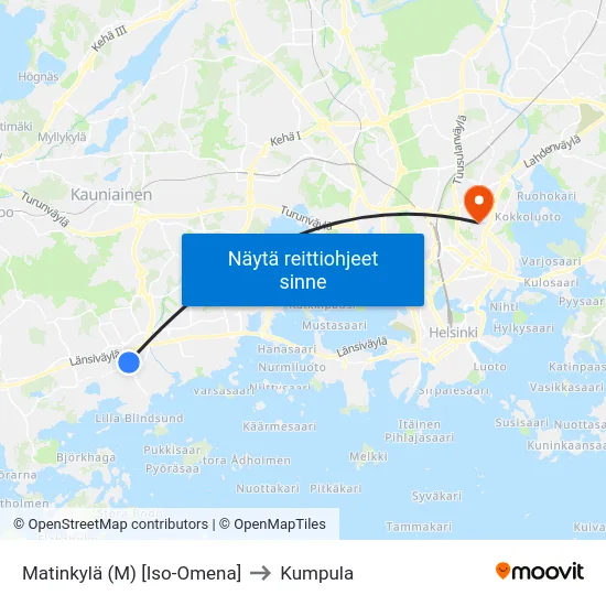Matinkylä (M) [Iso-Omena] to Kumpula map