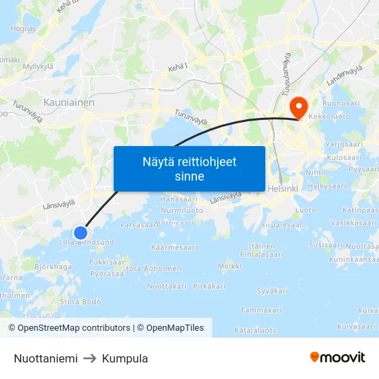 Nuottaniemi to Kumpula map