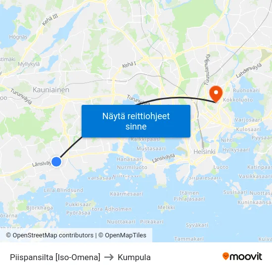 Piispansilta [Iso-Omena] to Kumpula map