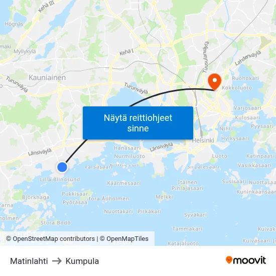 Matinlahti to Kumpula map