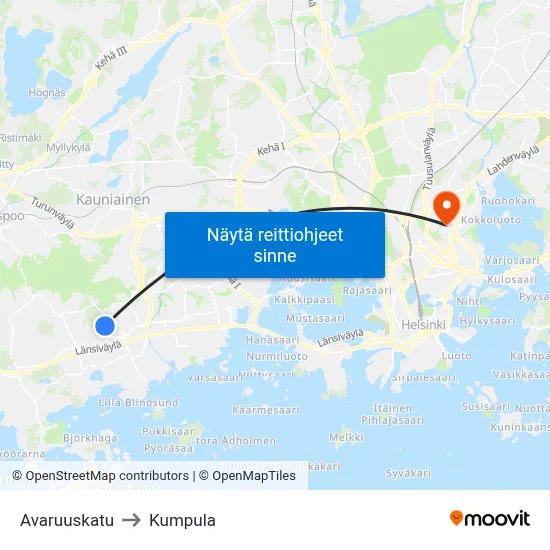 Avaruuskatu to Kumpula map