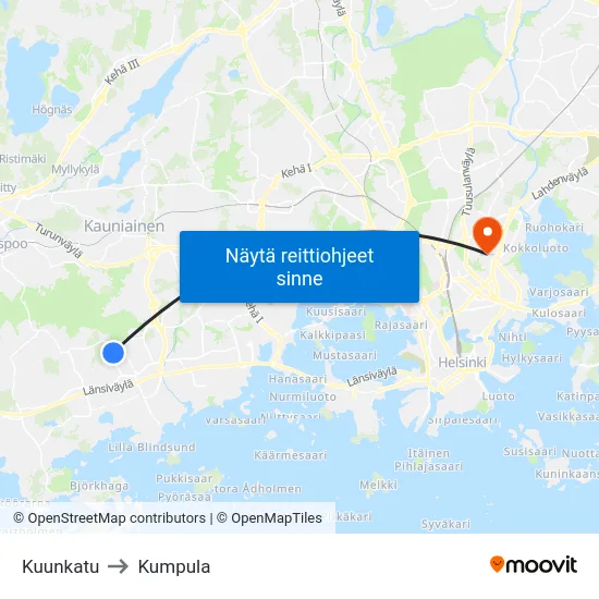 Kuunkatu to Kumpula map
