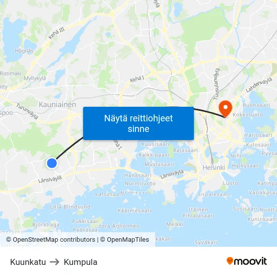 Kuunkatu to Kumpula map
