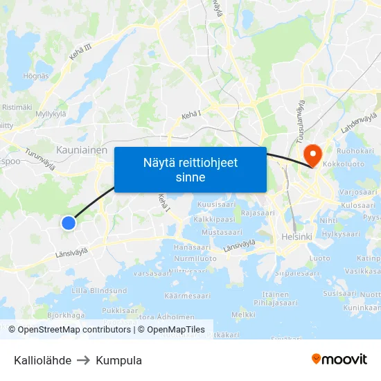 Kalliolähde to Kumpula map