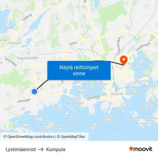 Lystimäenristi to Kumpula map