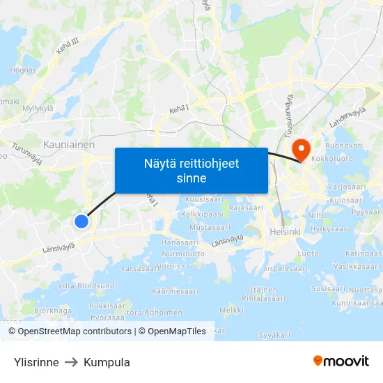 Ylisrinne to Kumpula map